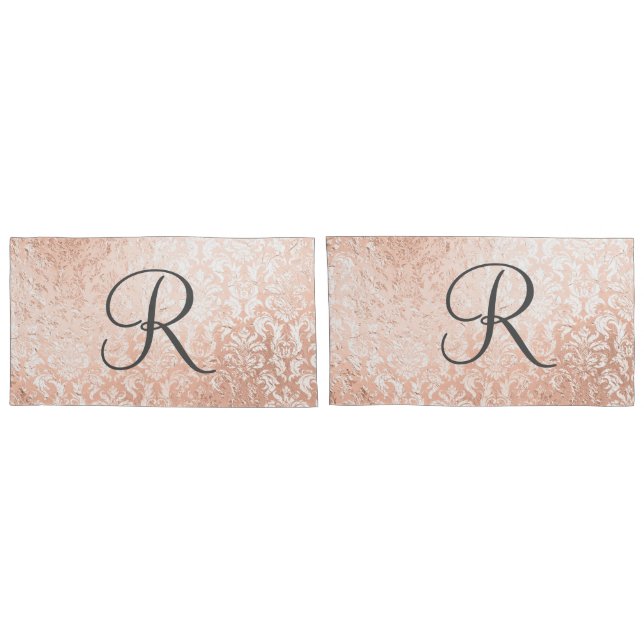 Housse D'oreillers Damassé or rose monogrammé (Dos-Set)