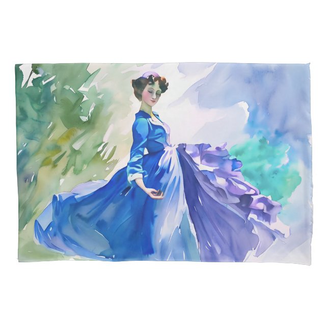 Housse D'oreillers Dame en Robe Bleue - Peinture aquarelle (devant)