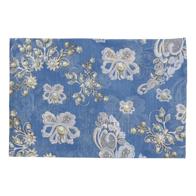 Housse D'oreillers Denim - Perles d'ivoire de dentelle Motif de répét (Dos)