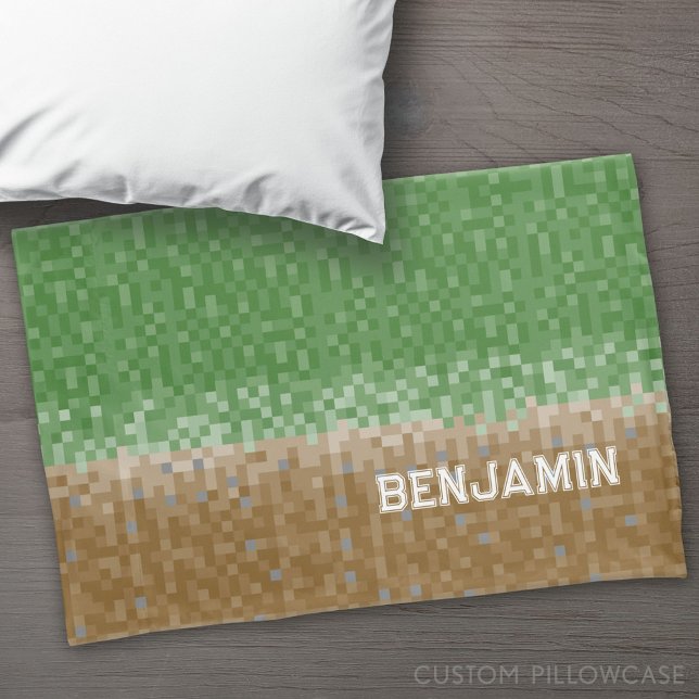 Housse D'oreillers Design de pixels vert et Brown avec nom (Custom Pillowcase)