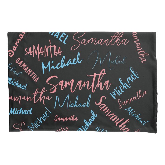 Housse D'oreillers Deux noms couples motif monogramme bleu rose clair (devant)