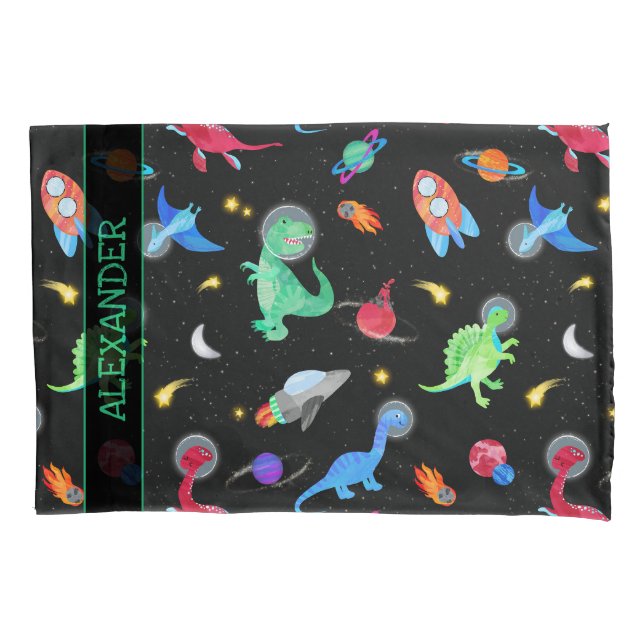 Housse D'oreillers Dinoastronautes à l'aquarelle dans l'espace noir (devant)