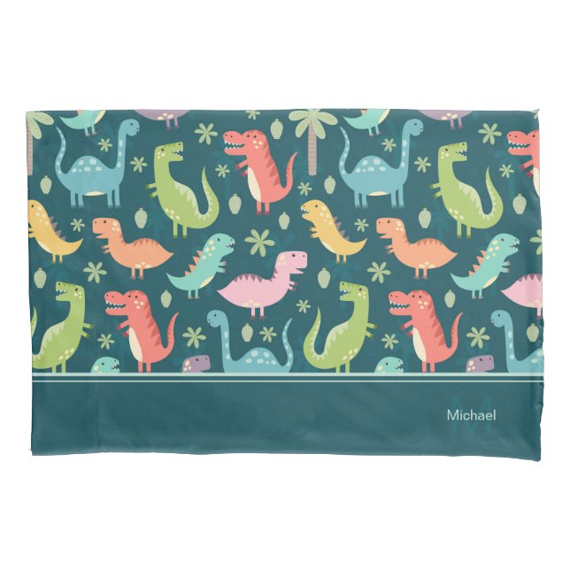 Housse D'oreillers Dinosaure Motif Bleu Monogramme Enfant Garçon (devant)