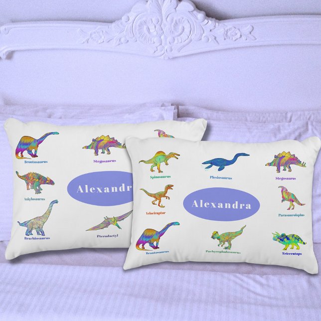 Housse D'oreillers Dinosaures avec des noms Motif Périwinkle (Dinosaurs with names colorful pattern personalized name periwinkle dino pillow case)