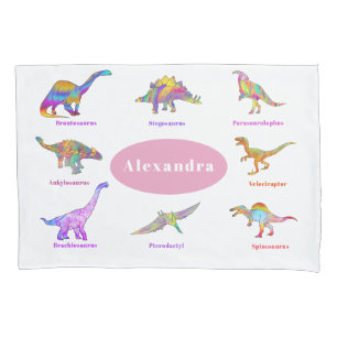 Housse D'oreillers Dinosaures colorés avec noms Motif rose