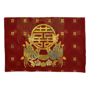 Housse D'oreillers Double symbole de bonheur d'or avec des oiseaux