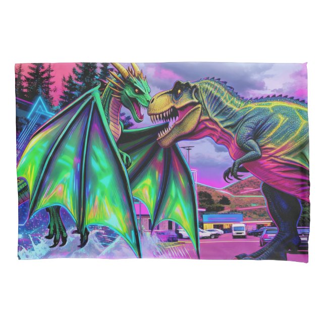 Housse D'oreillers Dragon Vert vs Dinosaure (devant)