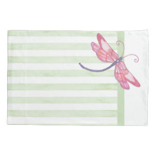Housse D'oreillers Dragonfly rose et Sage rayures Pillowcase