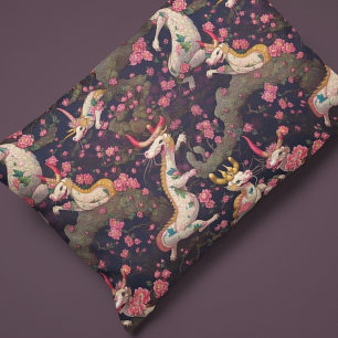 Housse D'oreillers Dragons d'or et de blanc aux fleurs de cerisiers