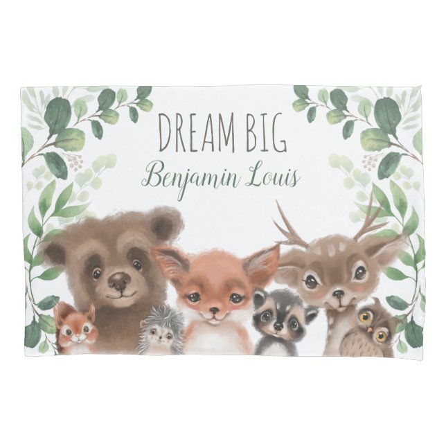 Housse D'oreillers Dream Big Woodland Forest Animaux Baby Boy Nursery (devant)