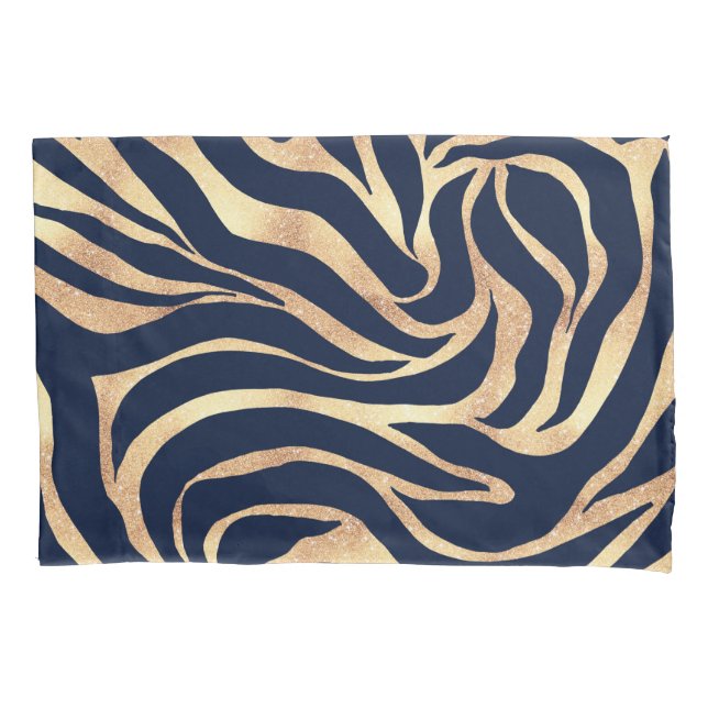 Housse D'oreillers Elégant bleu marine Gold Zebra Imprimer (devant-gauche)