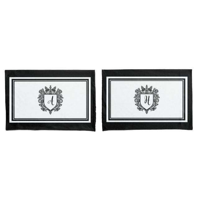 Housse D'oreillers Élégant Monogramme Initiales Crest noir sur blanc (devant-Set)