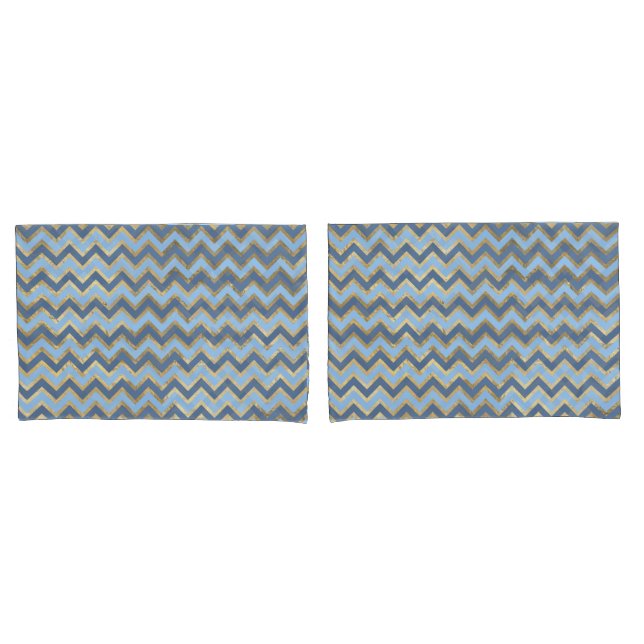 Housse D'oreillers Élégant Motif Chevron bleu et or (devant-Set)