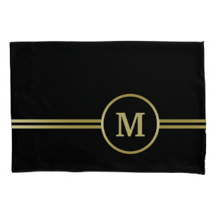 Housse D'oreillers Élégant or Monogramme personnalisé sur noir