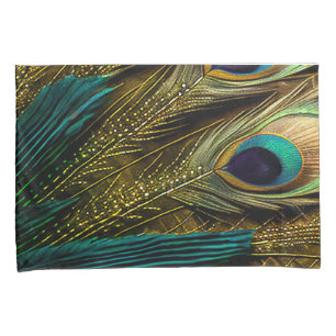 Housse D'oreillers Elégante Turquoise Abstraite Plumes Peacock Or