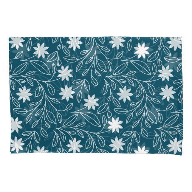 Housse D'oreillers Feuille de fleurs blanches Turquoise bleu (devant-gauche)