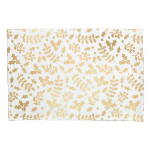 Housse D'oreillers Feuille d'or et houx blanc Noël d'hiver