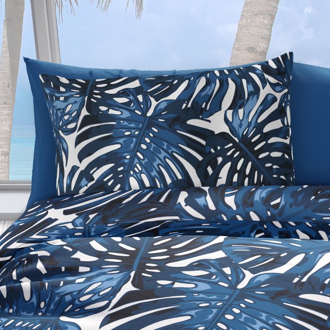 Housse D'oreillers Feuilles de la jungle blanche bleue de la Marine t (Navy blue palm leaves pattern pillow case)