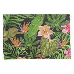 Housse D'oreillers Feuilles tropicales colorées et fleurs d'hibiscus