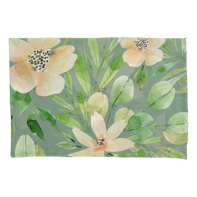 Housse D'oreillers Feuilles verts, Fleurs roses : Aquarelle. (devant)