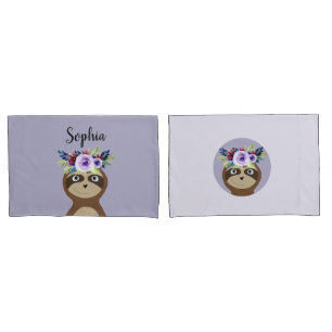 Housse D'oreillers Filles Fleurs Whimsical Sloth Cartoon & Nom Enfant