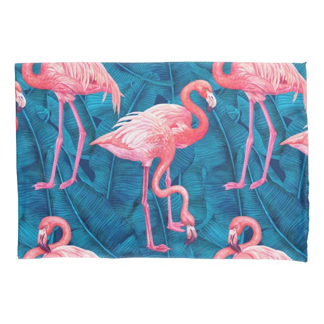 Housse D'oreillers Flamants roses sur feuilles de bananes bleues (devant)