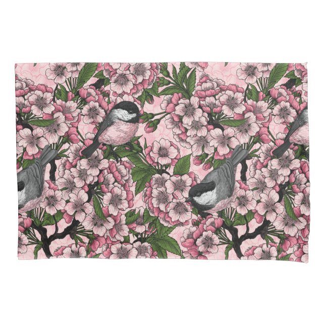 Housse D'oreillers Fleur de cerisiers et poulets roses (devant)
