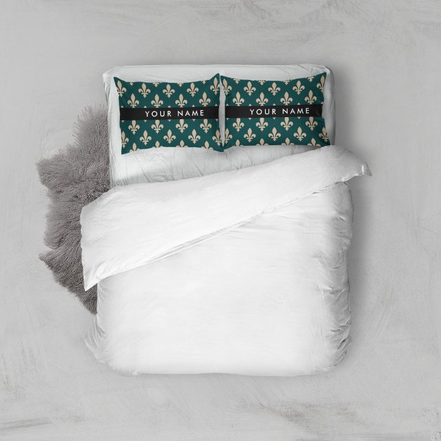 Housse D'oreillers Fleur de Lis, Beige sur Vert, Royal, Votre Nom (Créateur téléchargé)