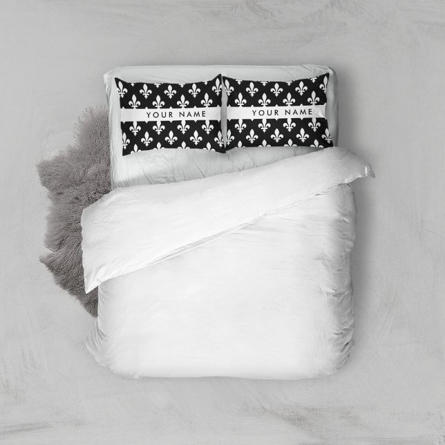 Housse D'oreillers Fleur de Lis, Blanc sur Noir, Blanc, Votre Nom (Créateur téléchargé)