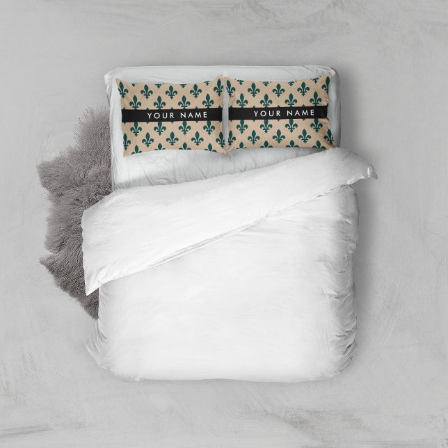 Housse D'oreillers Fleur de Lis, Vert sur Beige, Royal, Votre Nom (Créateur téléchargé)