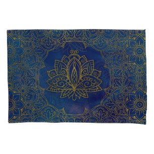 Housse D'oreillers Fleur de Lotus élégante d'or sur le bleu