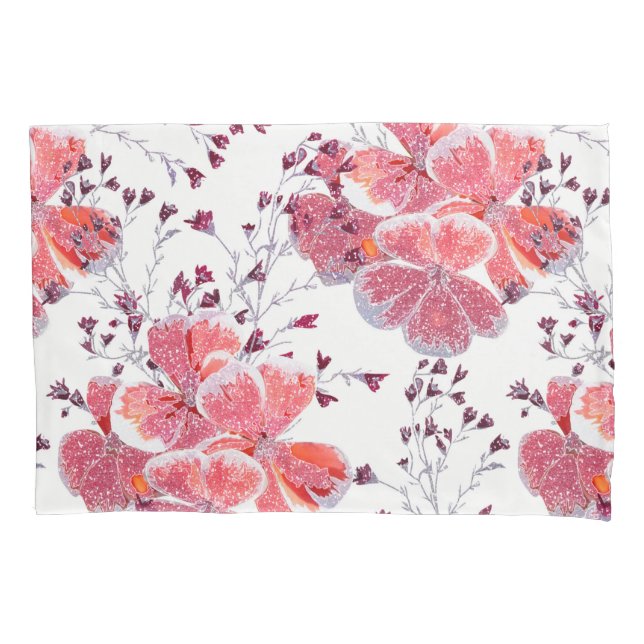 Housse D'oreillers Fleur rouge rose sur blanc. (devant)