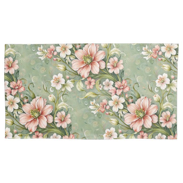 Housse D'oreillers Fleurs blanches et roses sur le sol (devant)