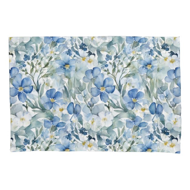 Housse D'oreillers Fleurs Bleues Blancs Aquarelle Chic (devant)