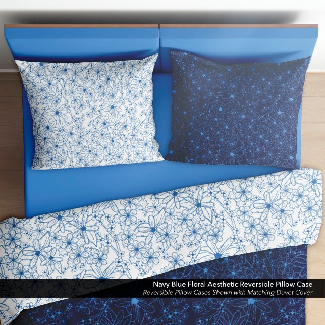 Housse D'oreillers Fleurs bleues marine esthétique réversible (Navy Blue Floral Aesthetic Reversible Pillow Cases)