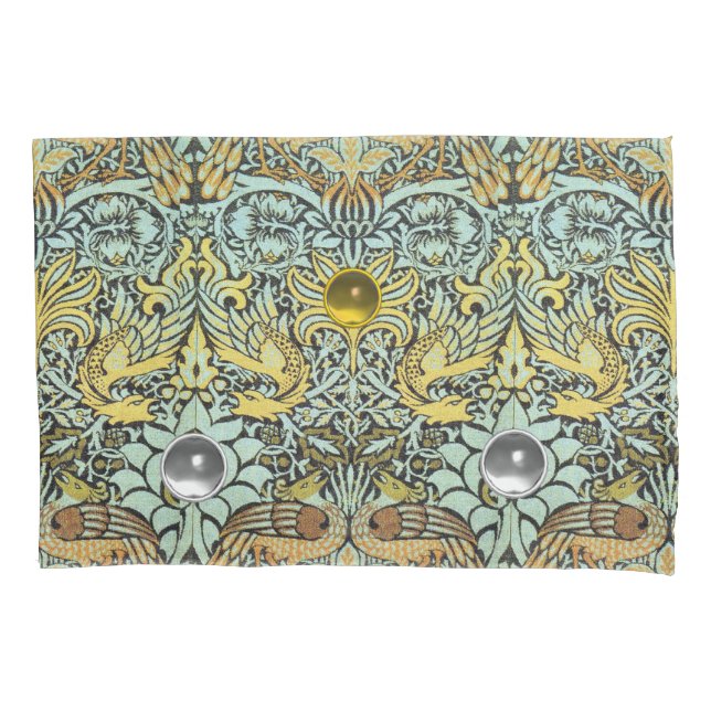 HOUSSE D'OREILLERS FLEURS, CAPTURES, DRAGONS, PIERRES JAUNES BLANCHES (devant-gauche)