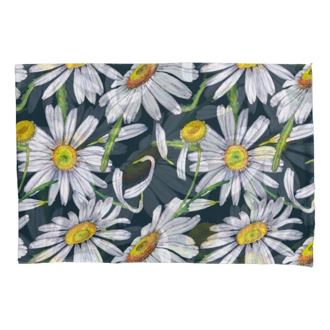 Housse D'oreillers Fleurs chamomiles : Aquarelle bleu foncé. (devant)