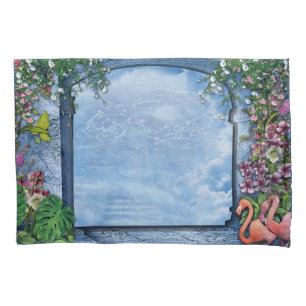 Housse D'oreillers Fleurs d'arty roses sur la texture Bleu-bois-Tissu