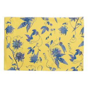 Housse D'oreillers Fleurs de passion de bleu d'indigo sur le jaune de