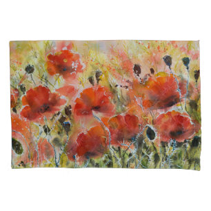 Housse D'oreillers Fleurs de pavot rouge, aquarelle douce.