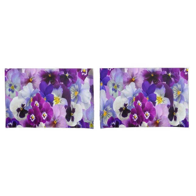 Housse D'oreillers Fleurs de pensée florales violettes bleues blanche (devant-Set)