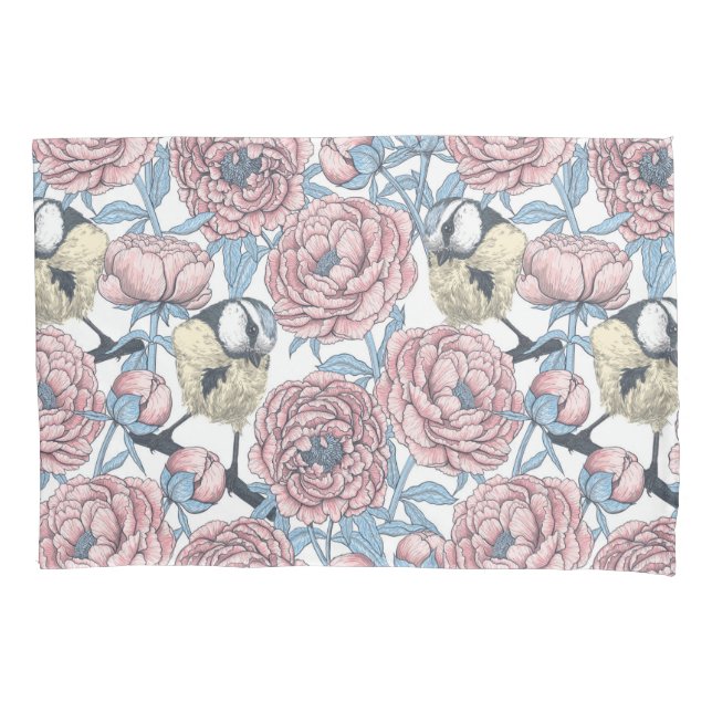 Housse D'oreillers Fleurs de pivoines et oiseaux (devant)
