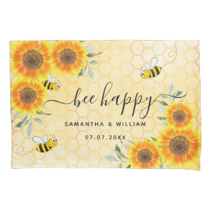 Housse D'oreillers Fleurs de soleil jaunes abeilles rustiques couple