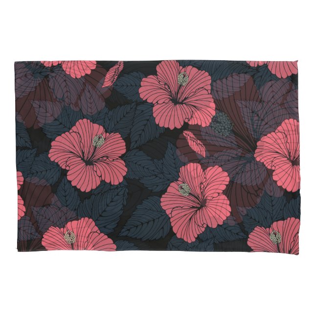 Housse D'oreillers Fleurs d'Hibiscus : papier peint transparent foncé (devant)