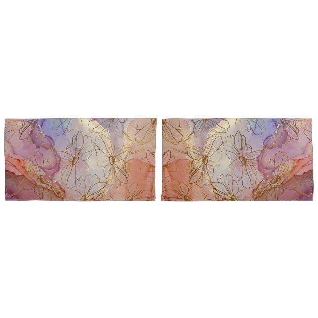 Housse D'oreillers Fleurs dorées roses florales beige (devant-Set)