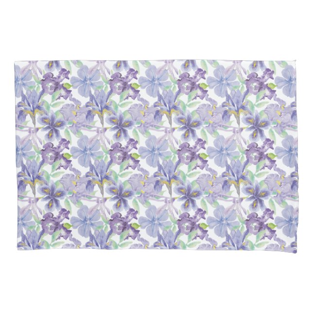Housse D'oreillers Fleurs florales d'Iris vert pourpre Aquarelle (devant-gauche)