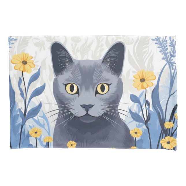 Housse D'oreillers Fleurs Jaunes Chat Bleu Russe (devant)