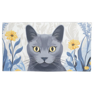 Housse D'oreillers Fleurs Jaunes Chat Bleu Russe