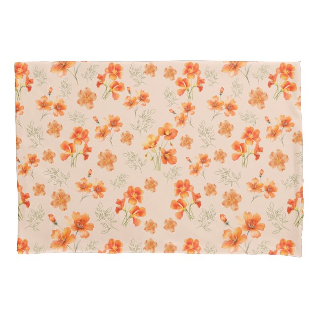 Housse D'oreillers Fleurs orange avec Feuilles verts (devant)