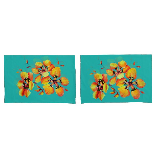 Housse D'oreillers Fleurs orange élégantes - Aqua (devant-Set)